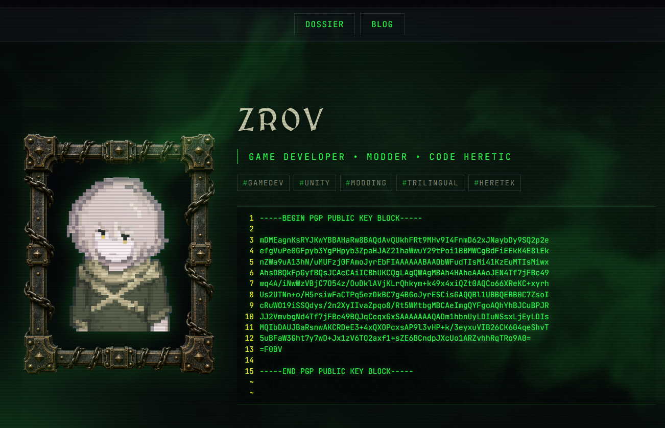Zan's website with PGP key and sprite avatar