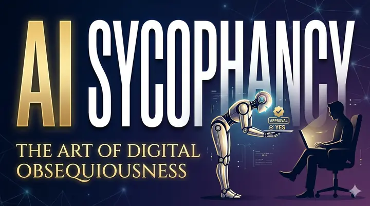 Ilustrasi AI yang selalu setuju dengan pengguna — robot mengangguk sementara manusia memberikan perintah yang salah