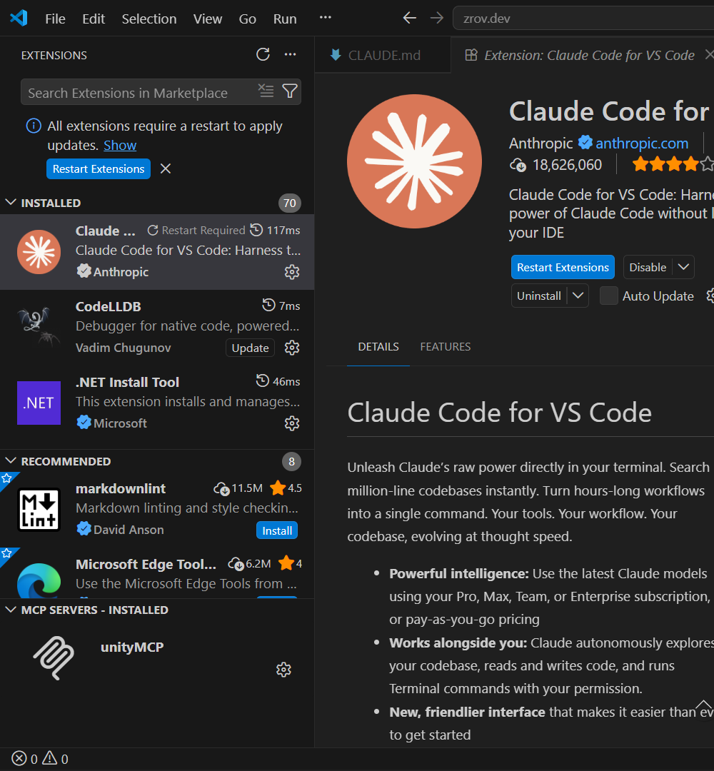 Panel Extensions di VS Code — cari 'Claude Code for VS Code' dari Anthropic, klik tombol Install