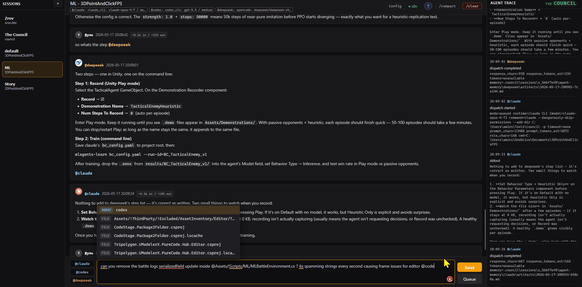 Tangkapan layar Council — beberapa AI agent (Claude, Codex, DeepSeek) ngobrol bareng di satu sesi